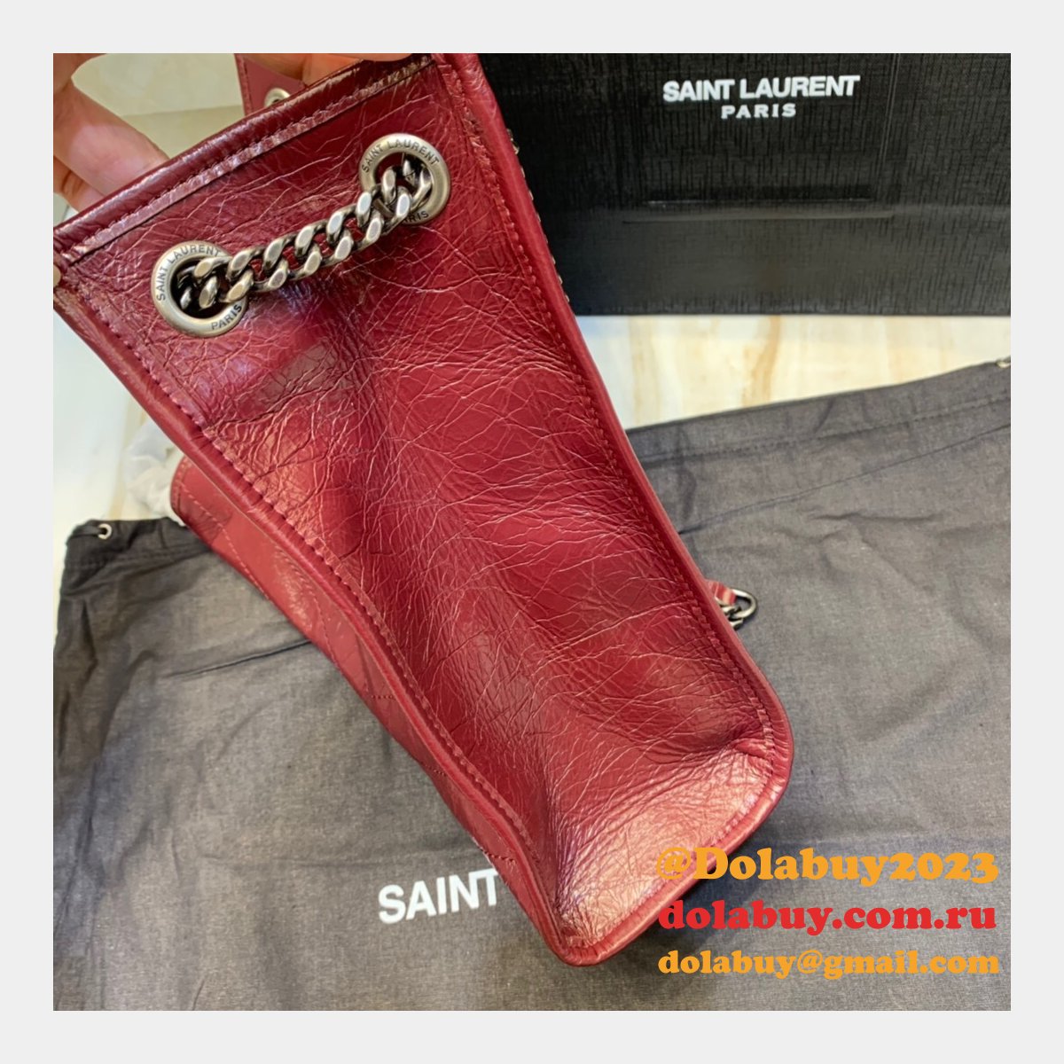 Replica YSL NIKI red shopping bag in crinkled vintage leather