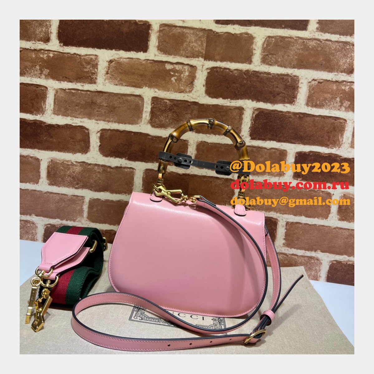 perfect G*u*i copy 675797 small top handle pink/green bag with bamboo