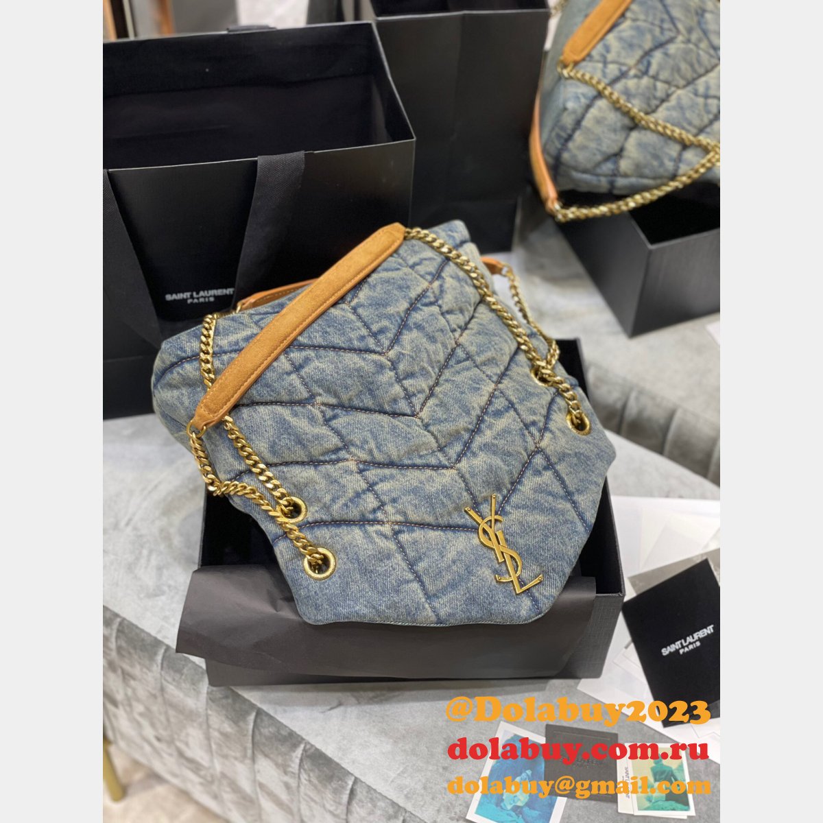 Saint Laurent Cheap Toy Loulou Puffer Matelassé Denim Bag