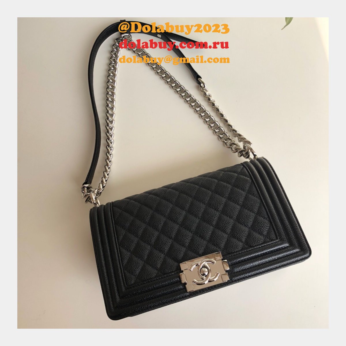 AAA+ CC Le Boy  Luxury Replica Black Bags Caviar 25cm