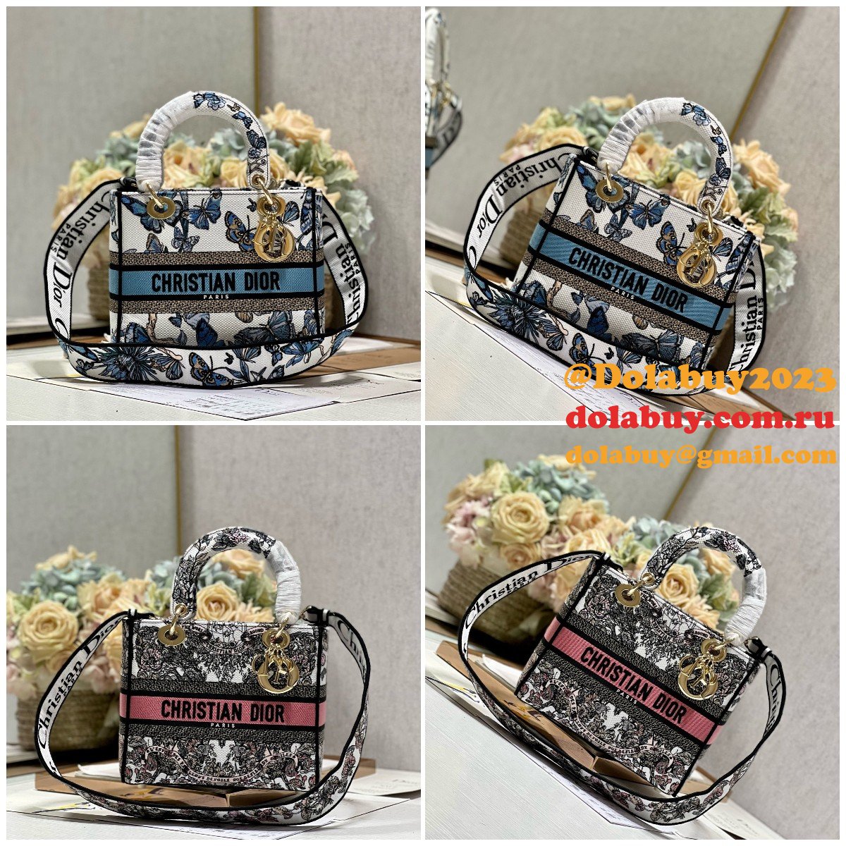 Blue/Pink Christian Dior Fake 9027 Five Grid Embroidery Lady Bag