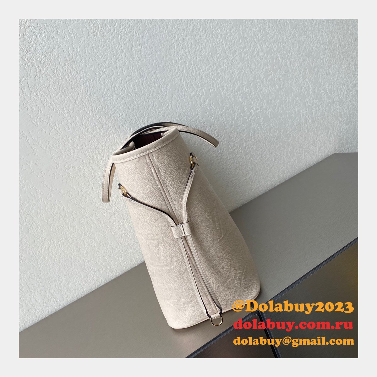 Louis Vuitton M45684 Designer Neverfull MM Monogram Empreinte Leather Cream