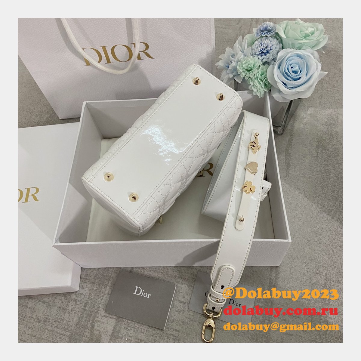 Best DIOR LADY Wholesale PATENT LEATHER HANDBAG 20cm white