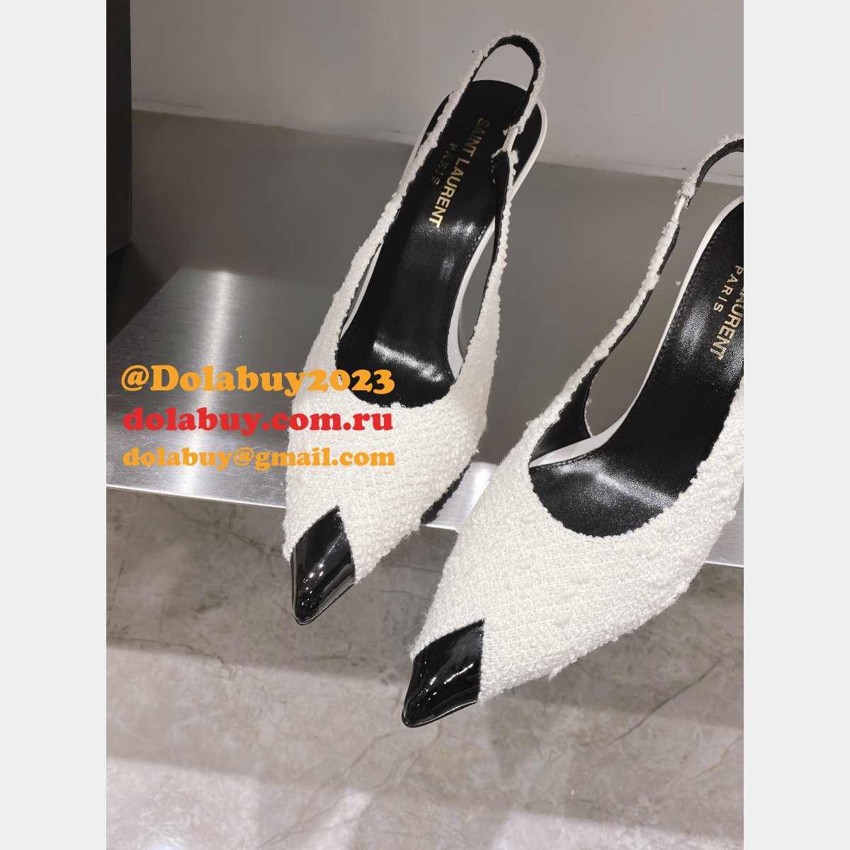 SAINT LAURENT HIGH HEEL WOOLEN SHOES WHITE/BLACK