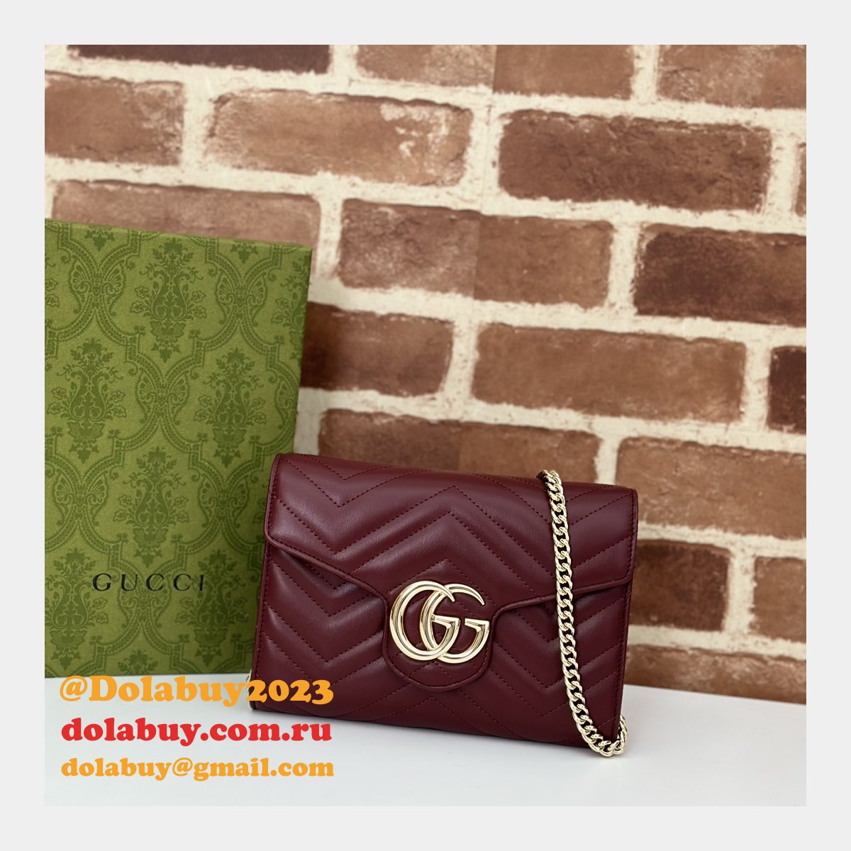 Gucci Fake GG Marmont Chain Wallets 474575 Red Bag