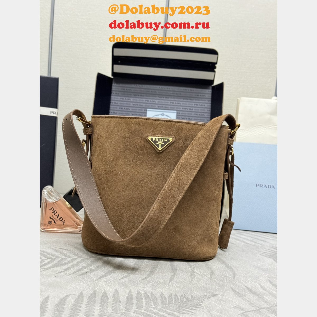 Top Quality Prada Suede Leather Mini Bucket Bag