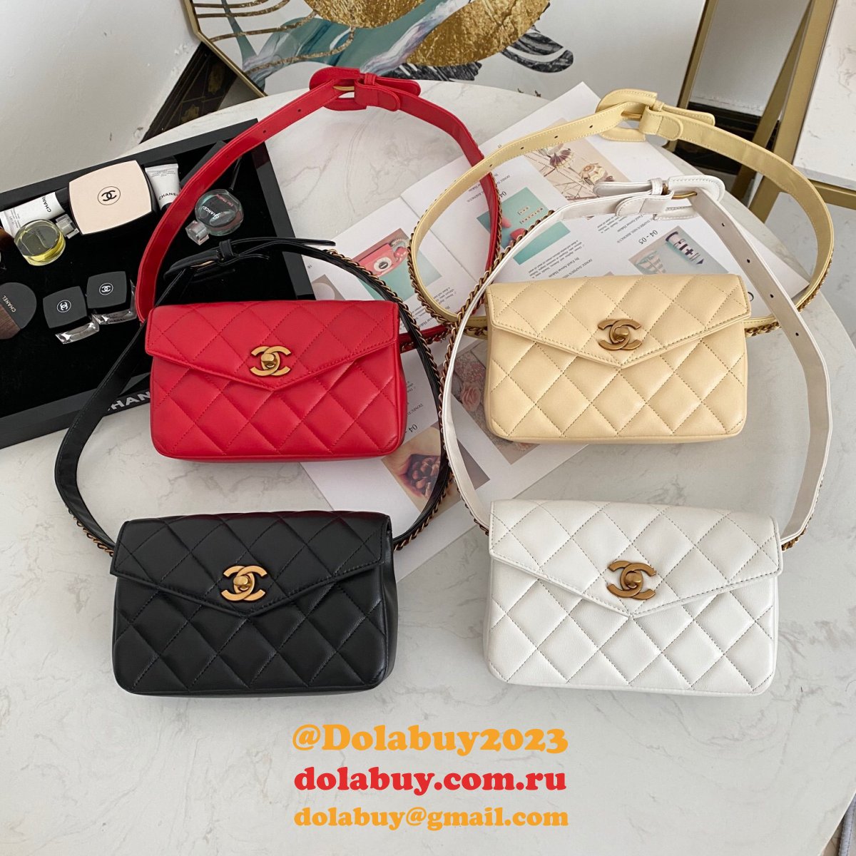 Fashion 1:1 Belt Replica Bag 99009 Lambskin & Gold Metal