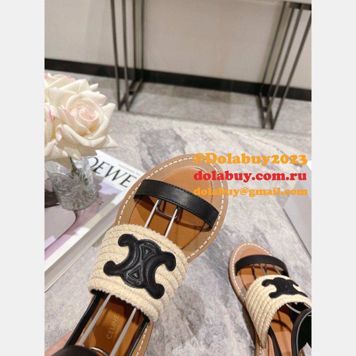 Top Quality Celine LYMPIA FLAT STRAP SANDAL in RAFFIA & CALFSKIN