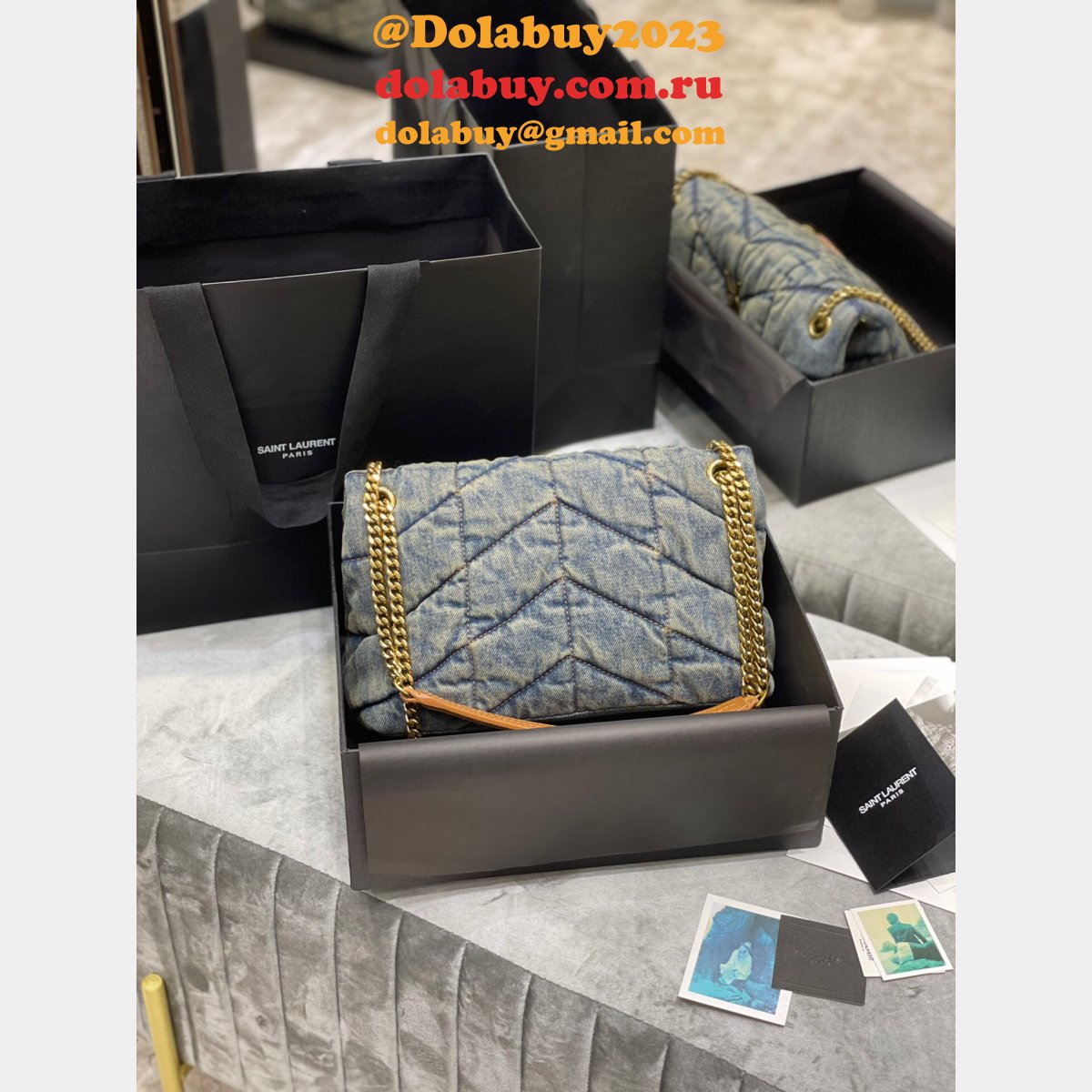 Saint Laurent Cheap Toy Loulou Puffer Matelassé Denim Bag