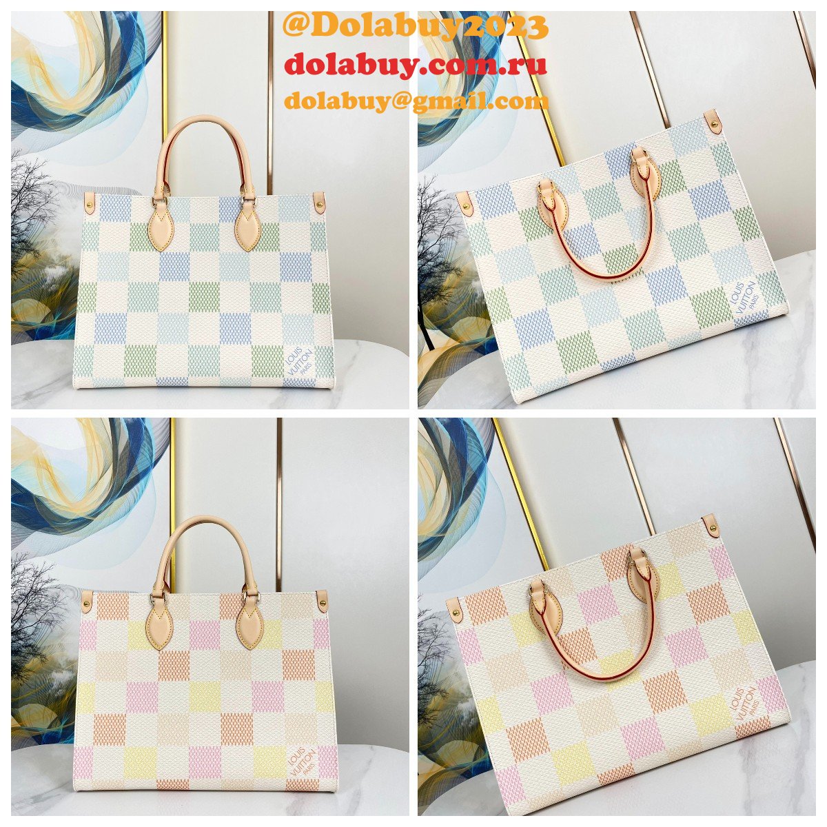 New Louis Vuitton On the Go N40518 Blue Pastel Damier Tote Knockoff Bag