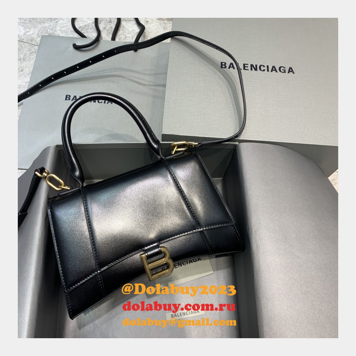 Cheap Balenciaga Hourglass Croc-Embossed Leather Top Handle Bag Plain black