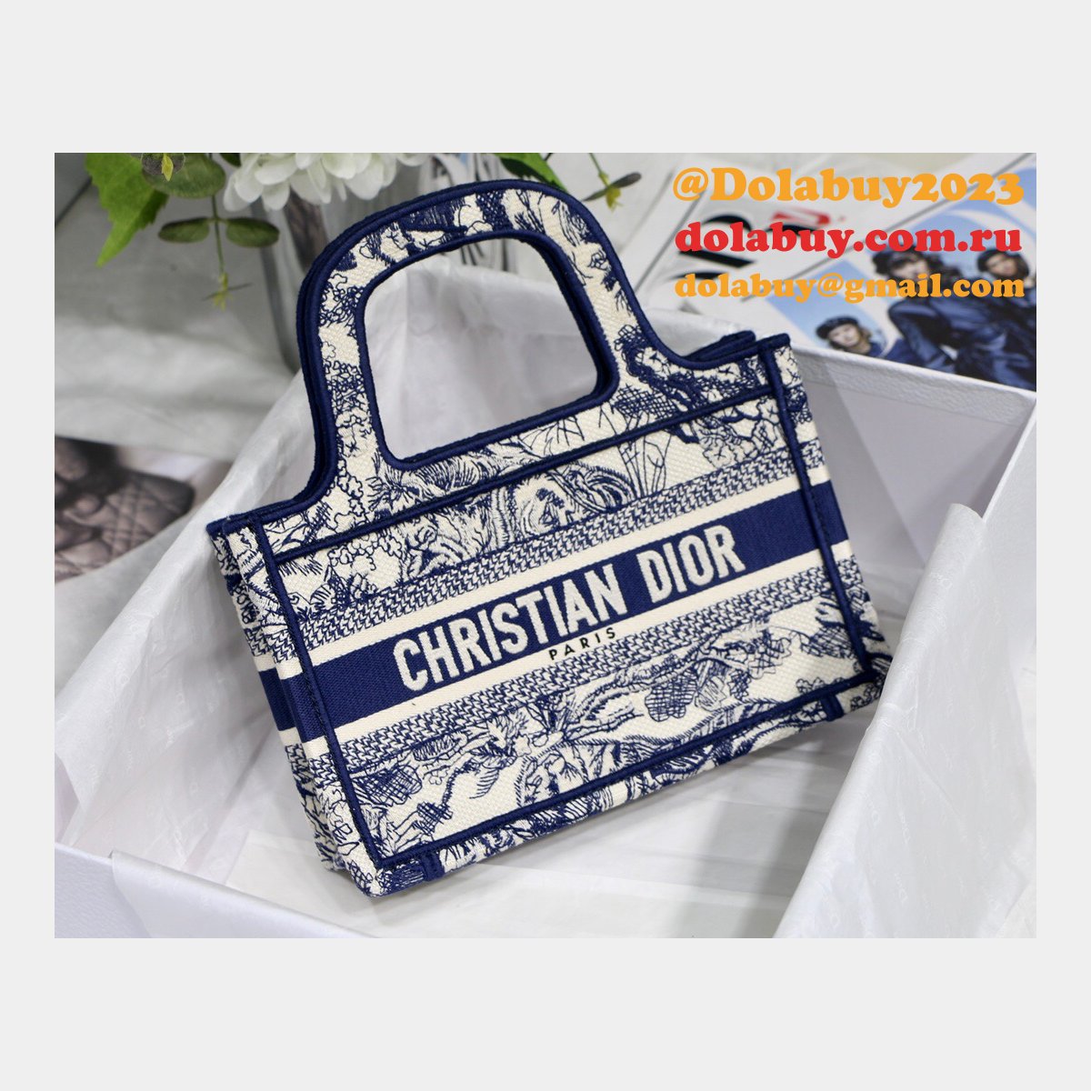 Top Quality Dior Replica Mini Book Tote Bag 22CM Canvas Embroidered