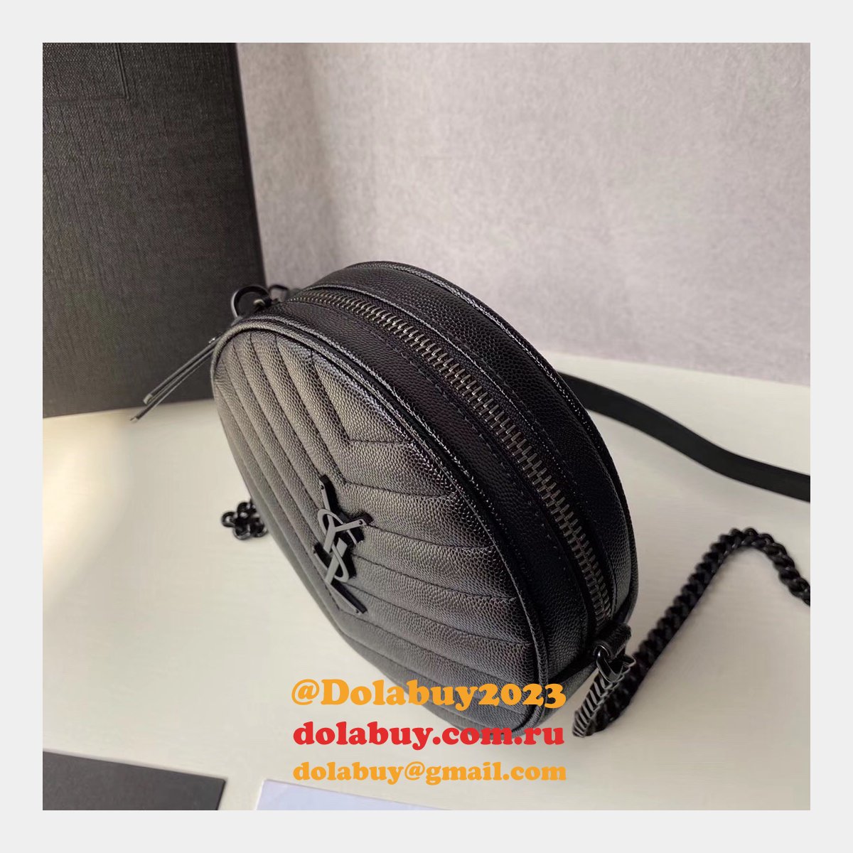 Cheap YSL Vinyle round camera bag 610436 chevron-quilted