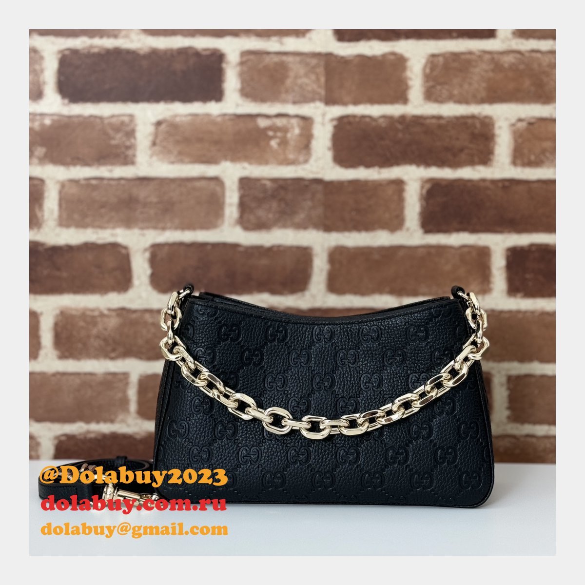 Gucci Designer Copy GG Emblem Small Shoulder Chain 815263 Black Bag