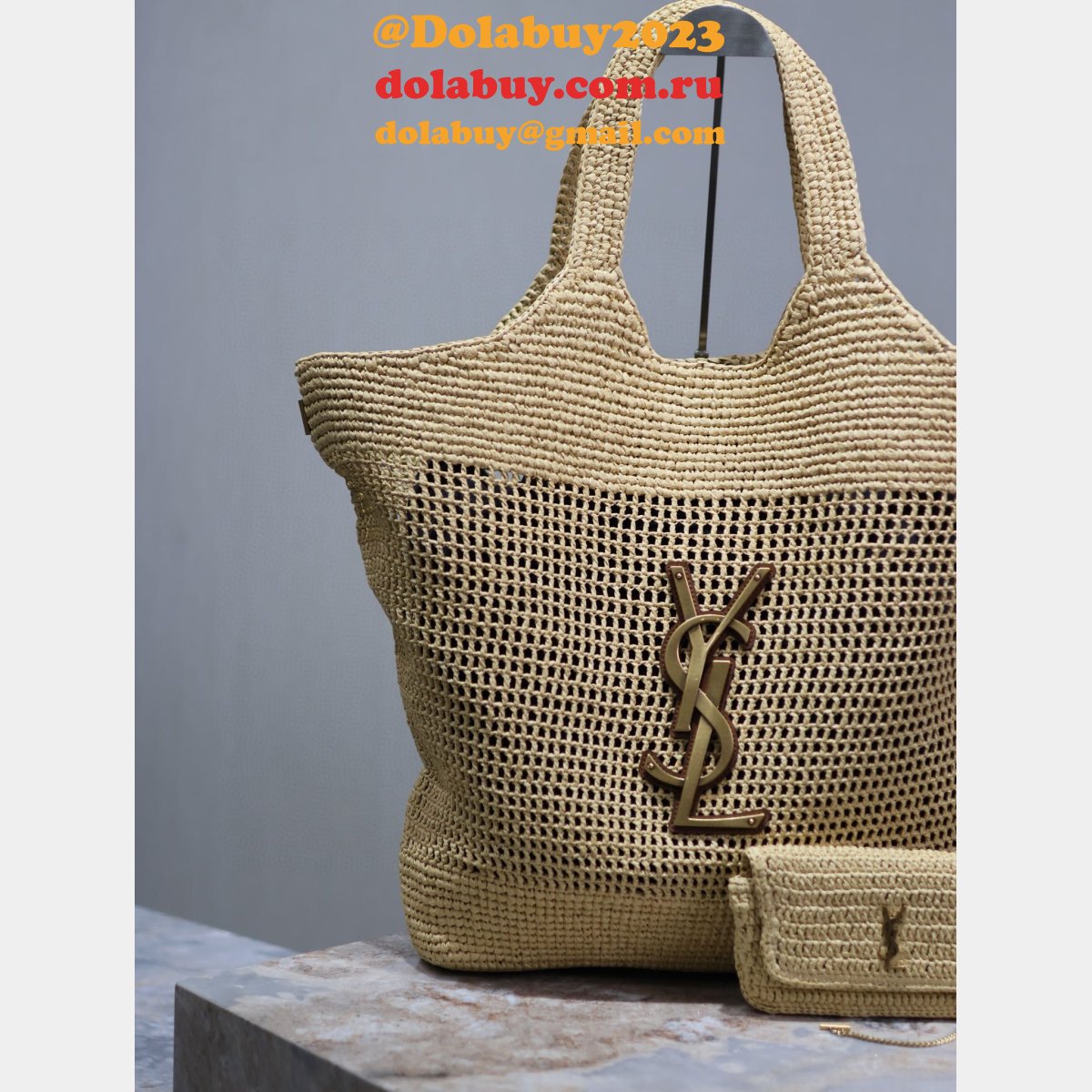 Top Quality YSL I CARE 698651 raffia weaving shopping bag
