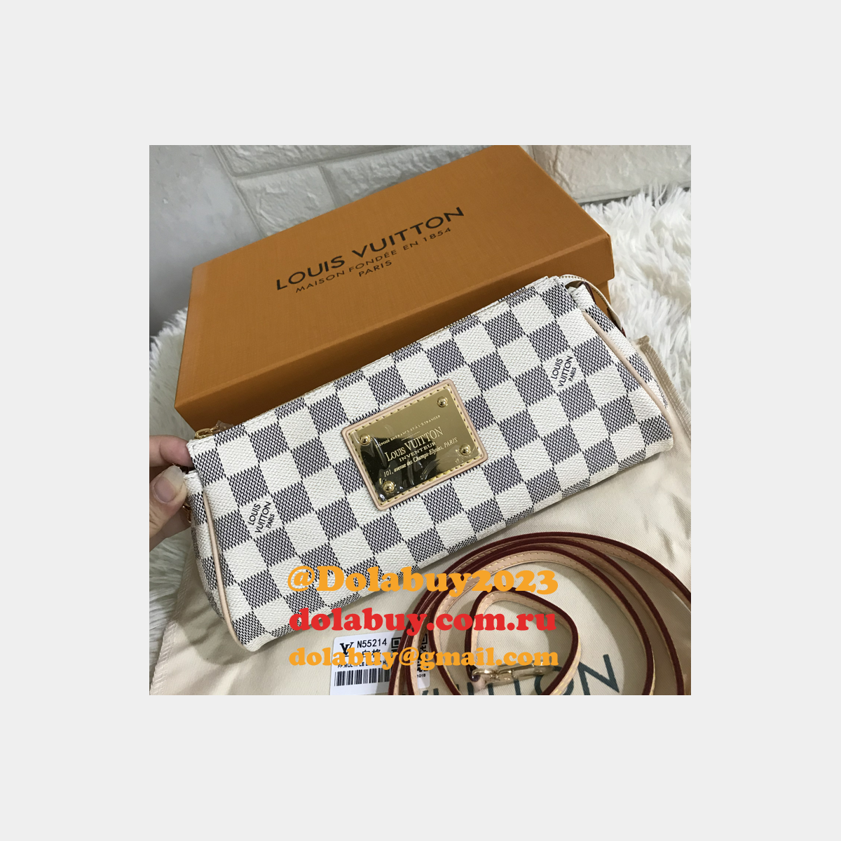 Louis Vuitton Pochette Eva White Damier Azur Canvas Cross Body Luxury N55214 Bag