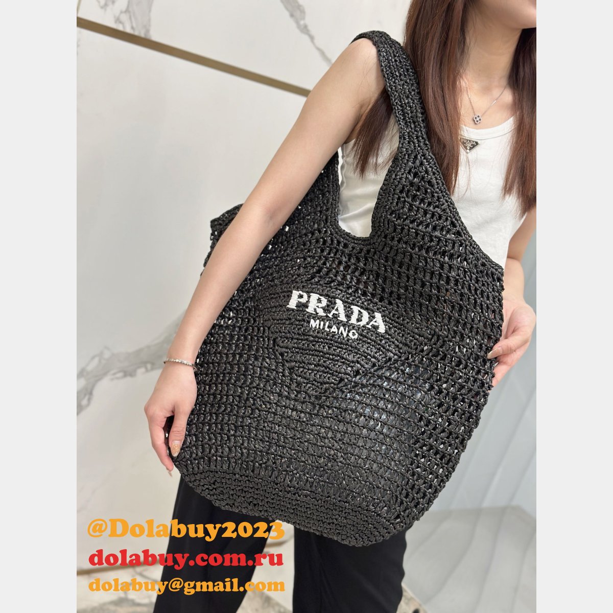 Duplicate prada raffia woven tote bag large 1BG424