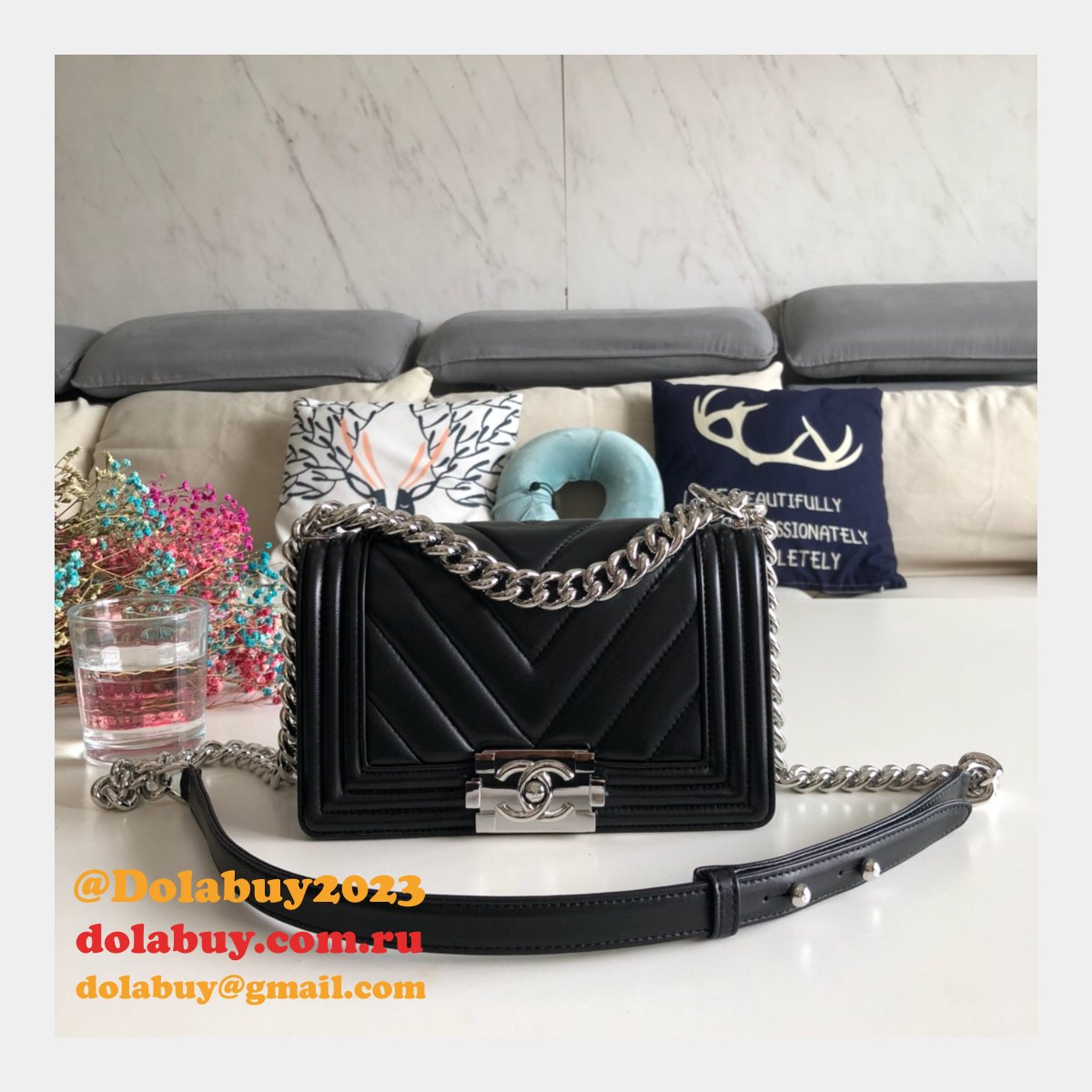 Luxury CC V Le Boy Replica 7 Star Black Bags lambskin 20cm