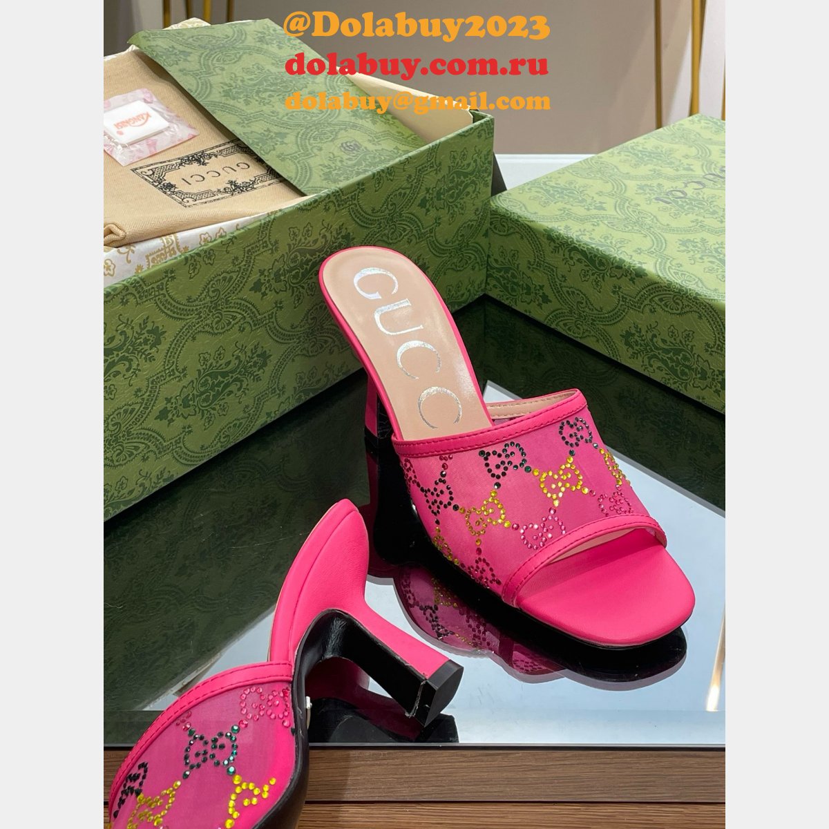 Mid-Heel Slide Sandal Gucci Monogrammed Replica Shoes
