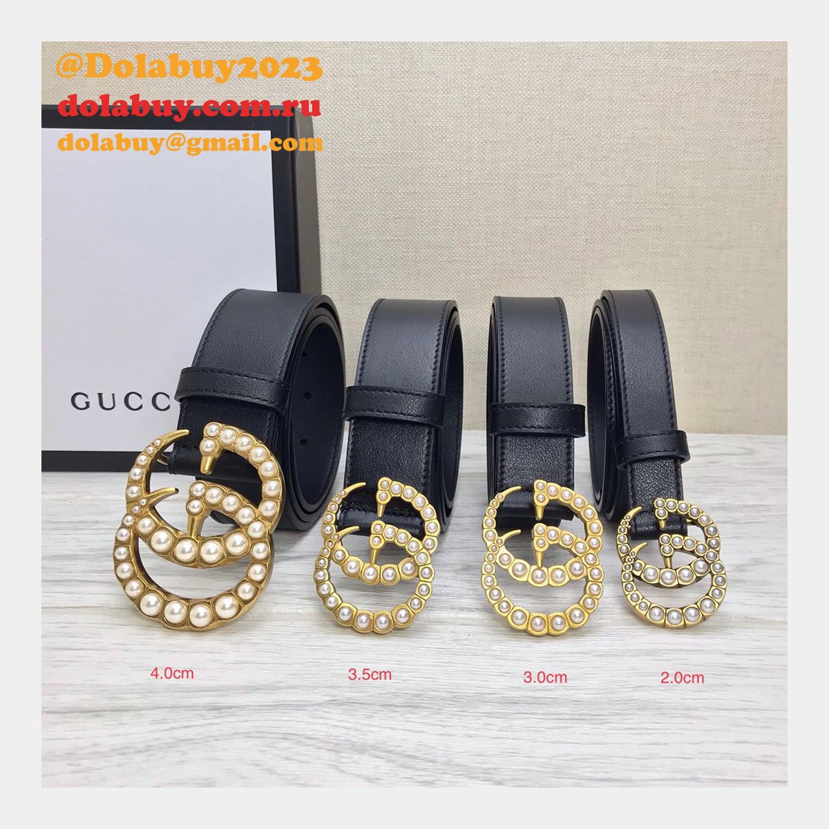 G*u*i replica leather belt with pearl buckle