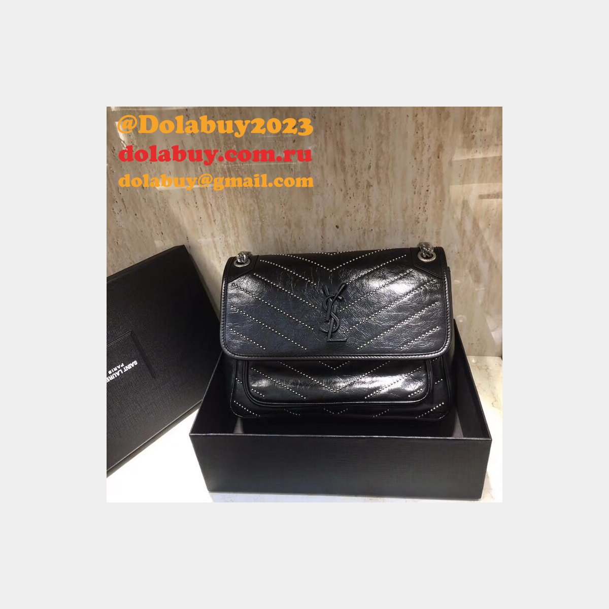 Top Quality YSL Niki 28CM crinkled vintage black leather