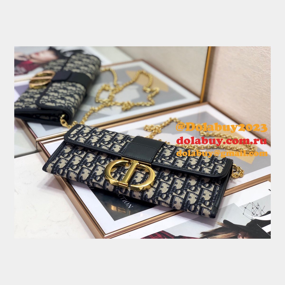 Replica Dior Oblique Saddle Chain Wallet Blue