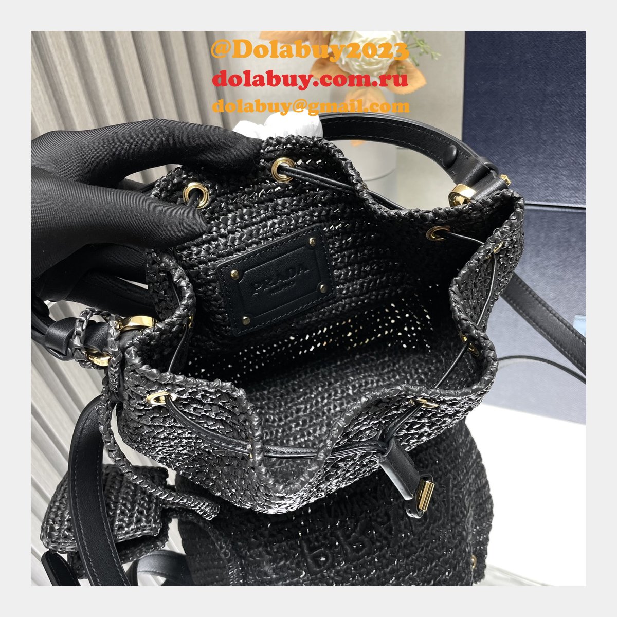 Top Quality Prada Woven drawstring bucket bag 1BE068