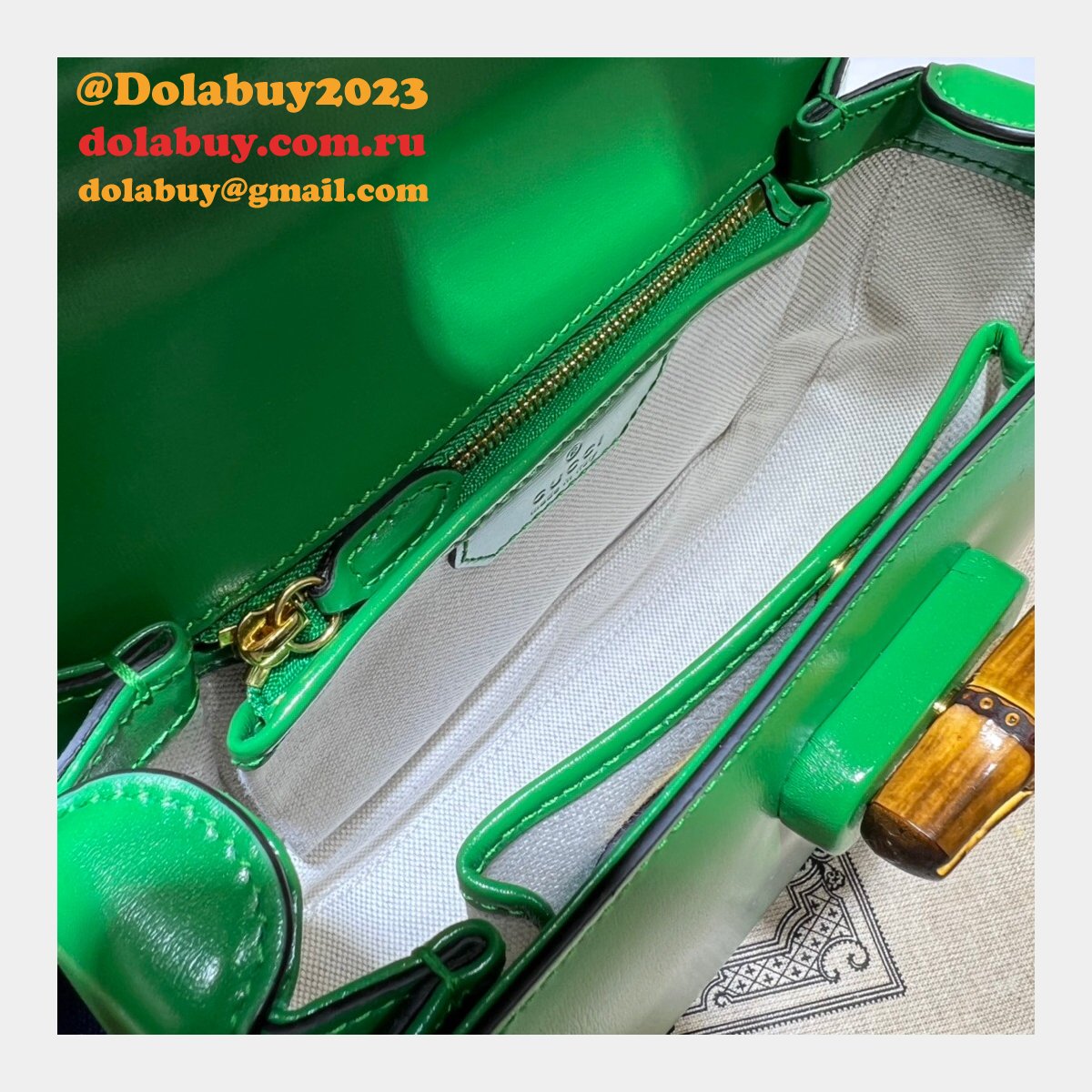 perfect G*u*i copy 675797 small top handle pink/green bag with bamboo