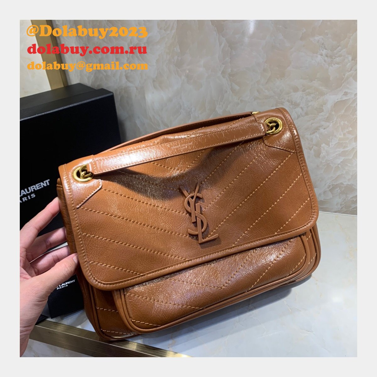 Buy Online YSL Nikki 28cm 498894 Stitch Flap Brown Bag