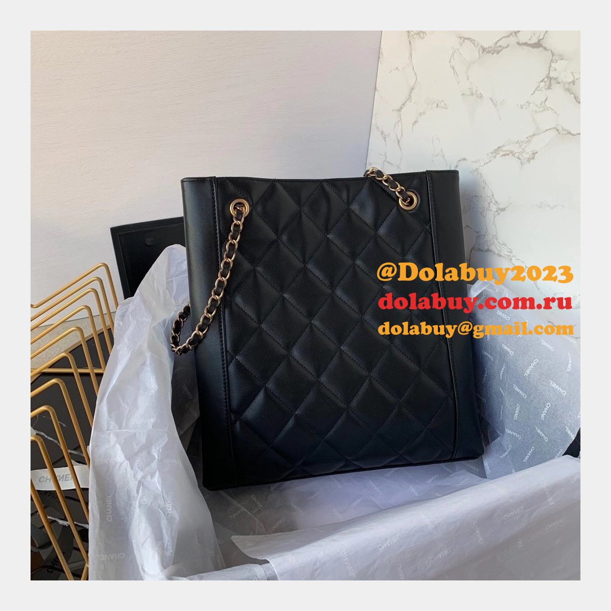 CC Small Shopping Replica Black Bag calfskin & gold-tone metal