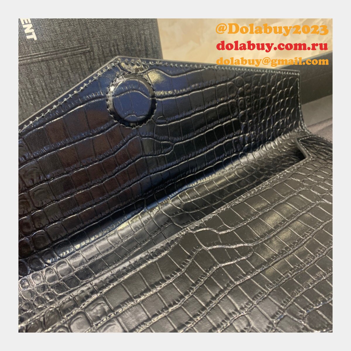 YSL Top Quality Clutch in embossed crocodile shiny black leather