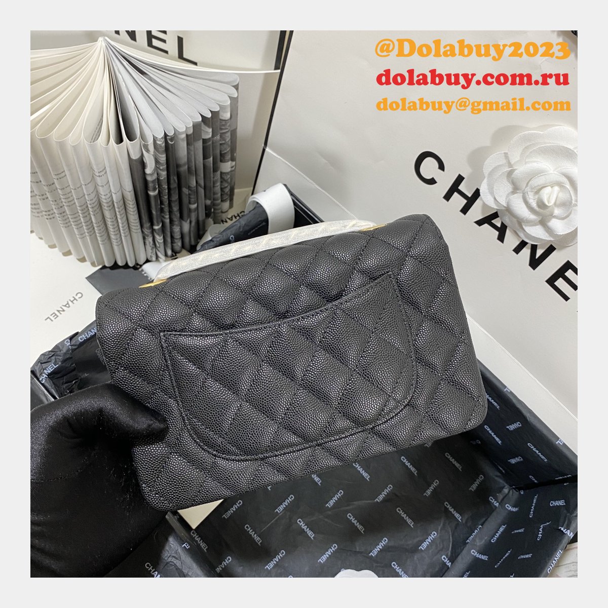 7 Star CC Lambskin Flap Designer Black Bag 20CM