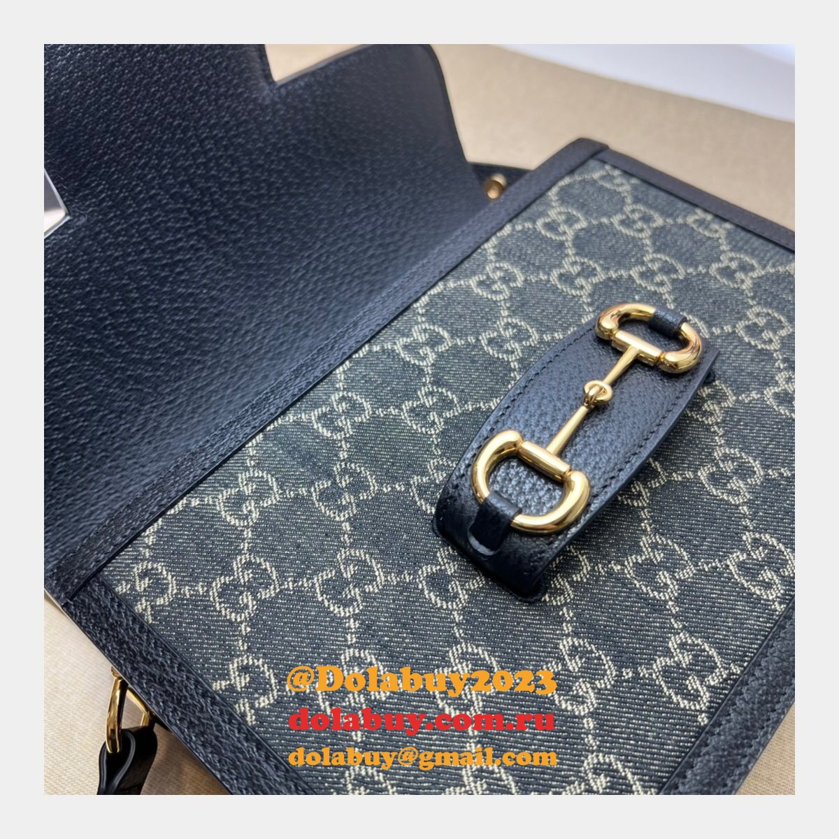 G*u*i designer horsebit 1955 shoulder 602204 fake bag in black and ivory gg