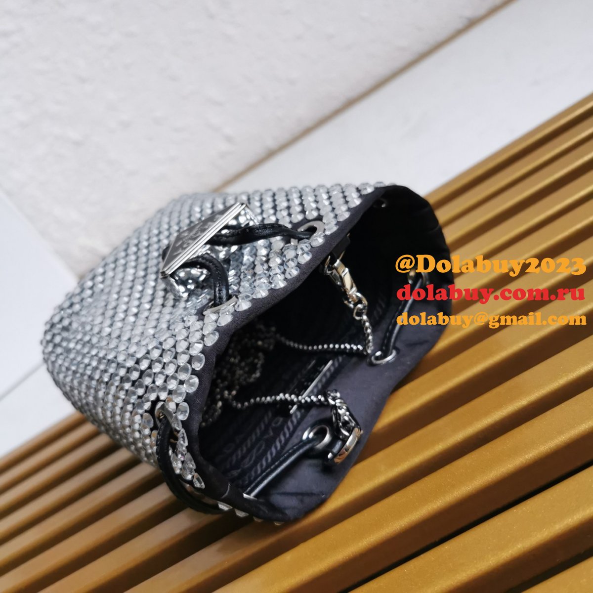 Designer Prada Replicas 1NR016 Crystal Embellished Satin Mini-pouch Bag