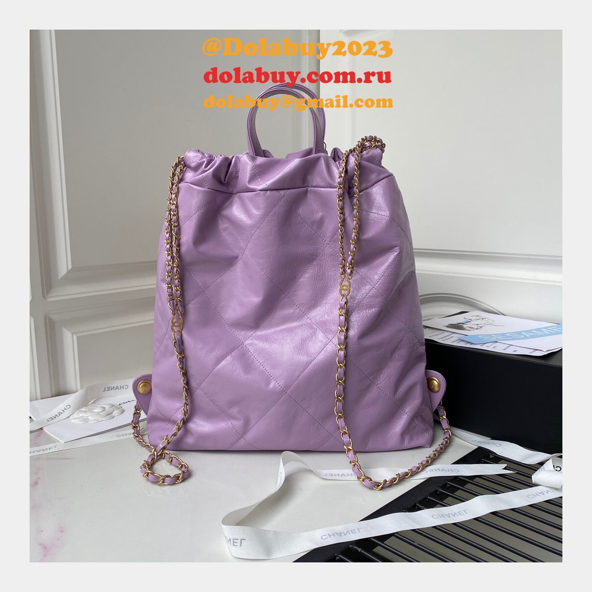 Designer 22 Replica Backpack Shiny Calfskin AS3313 Gold-Tone Metal