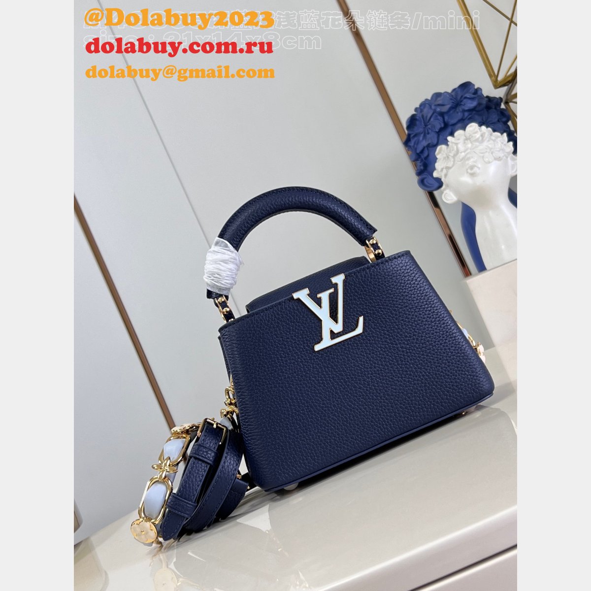 Louis Vuitton M48865 Dark Blue Light Flower Chain Capucines Replica Handbag