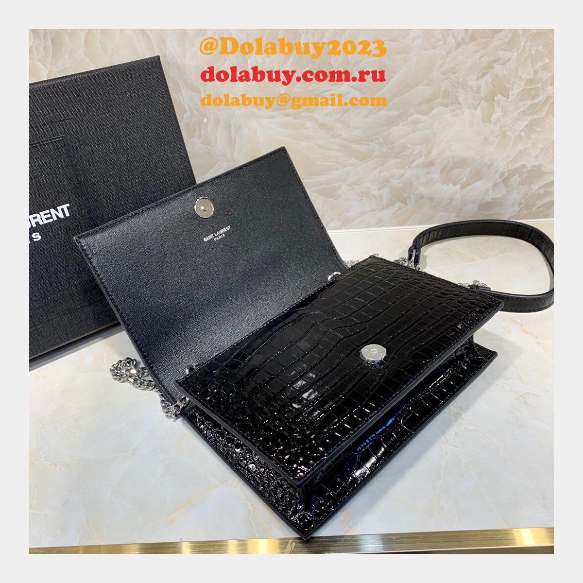 Replicas YSL Monogram chain wallet black 19cm grain de poudre