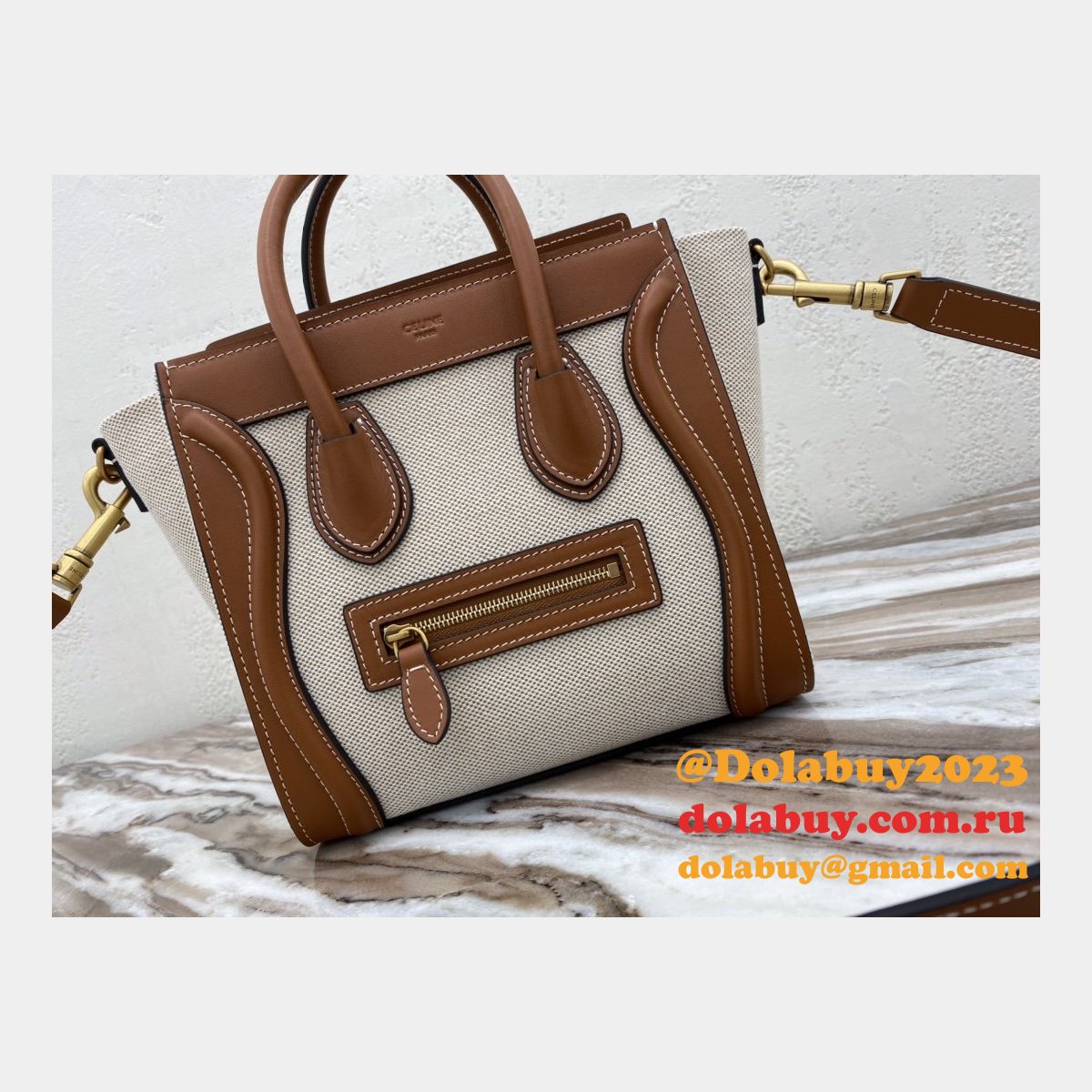 Brown/White Celine Micro Luggage Tote Bag Replica