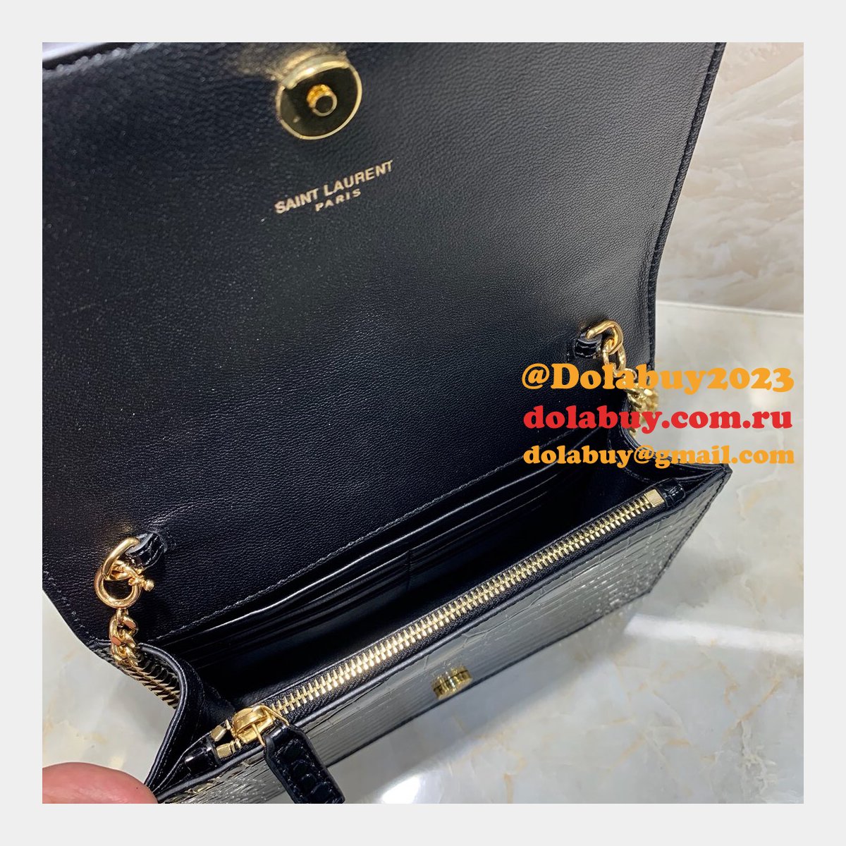 Replicas YSL Monogram chain wallet black 19cm grain de poudre