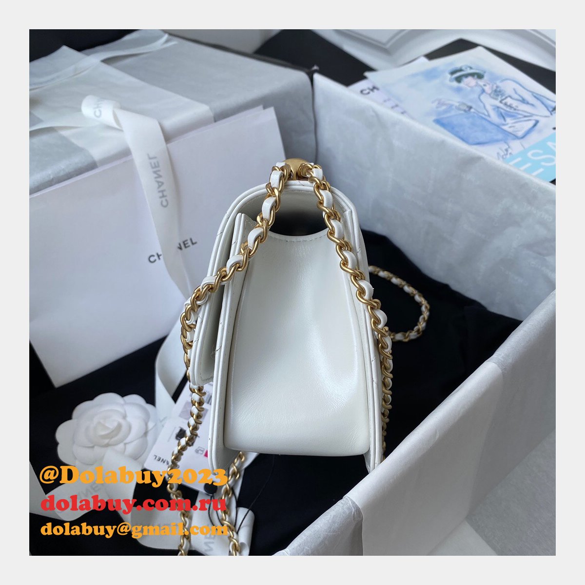 Designer Replica Calfskin & Gold-Tone Metal White Mini Flap AS2615 Bag