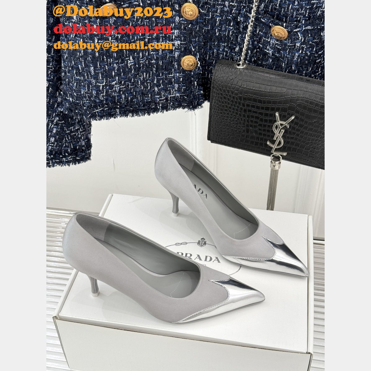 7 Star Prada Satin And Metallic Leather Pumps