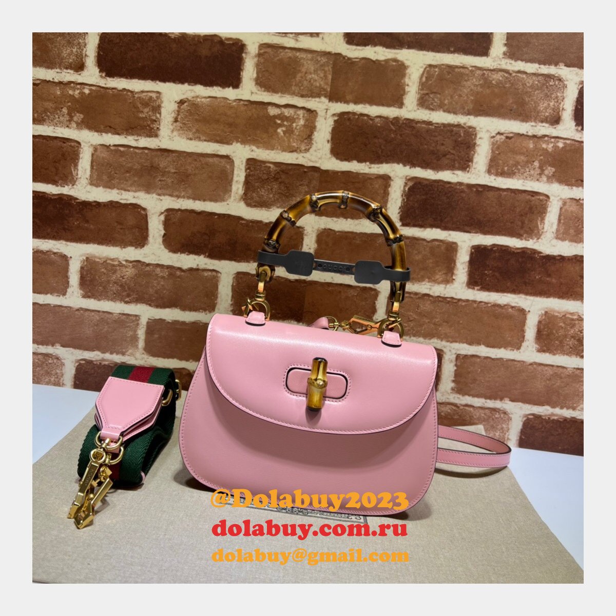 perfect G*u*i copy 675797 small top handle pink/green bag with bamboo