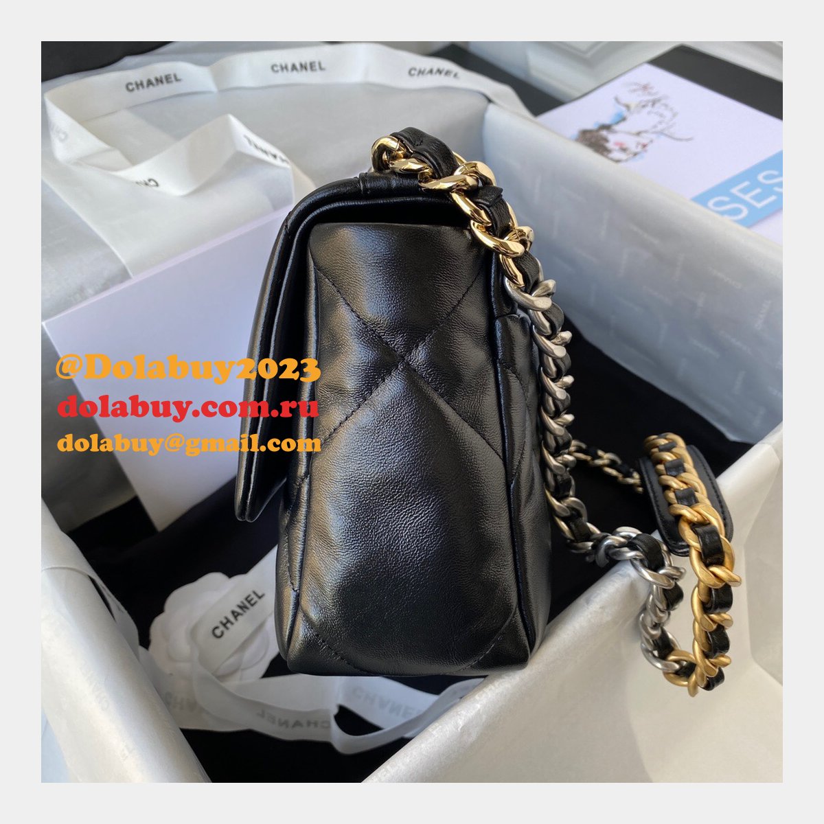 Replica Suppliers Black/Gray Quilted Leather 26/30CM 19 Flap AS1161 Bag