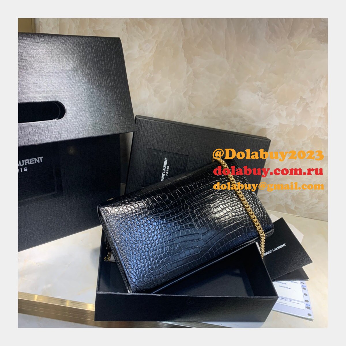 YSL Cheap Saint Laurent Crocodile pattern 24cm Black Bag