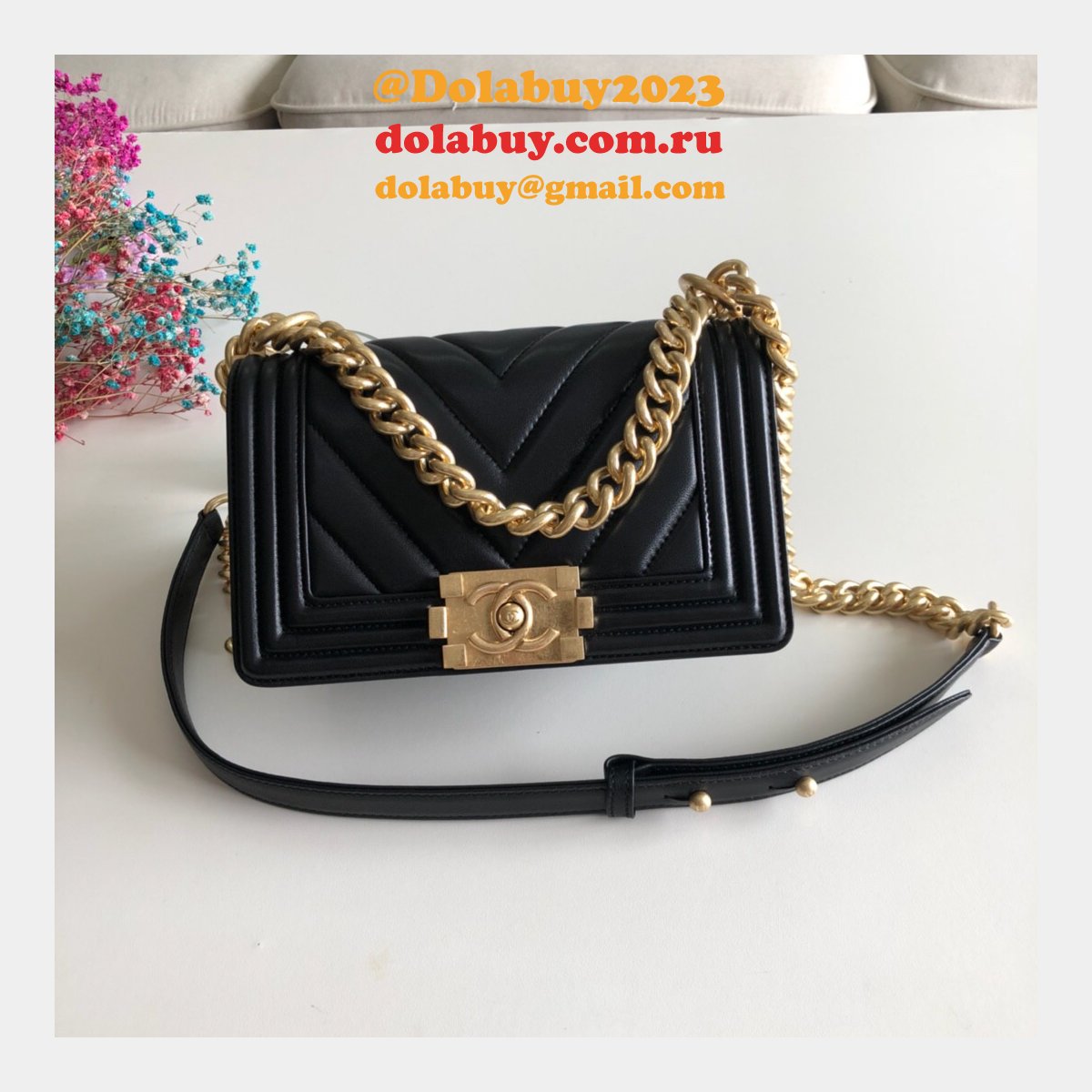 Luxury CC V Le Boy Replica 7 Star Black Bags lambskin 20cm