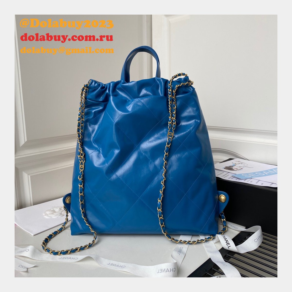 Designer 22 Replica Backpack Shiny Calfskin AS3313 Gold-Tone Metal