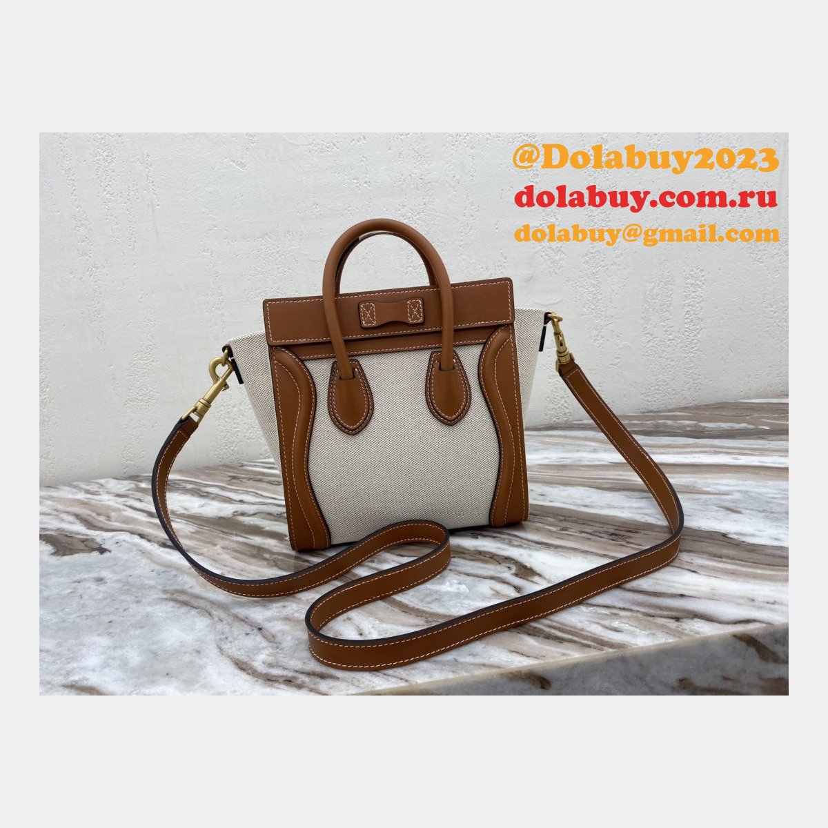 Brown/White Celine Micro Luggage Tote Bag Replica