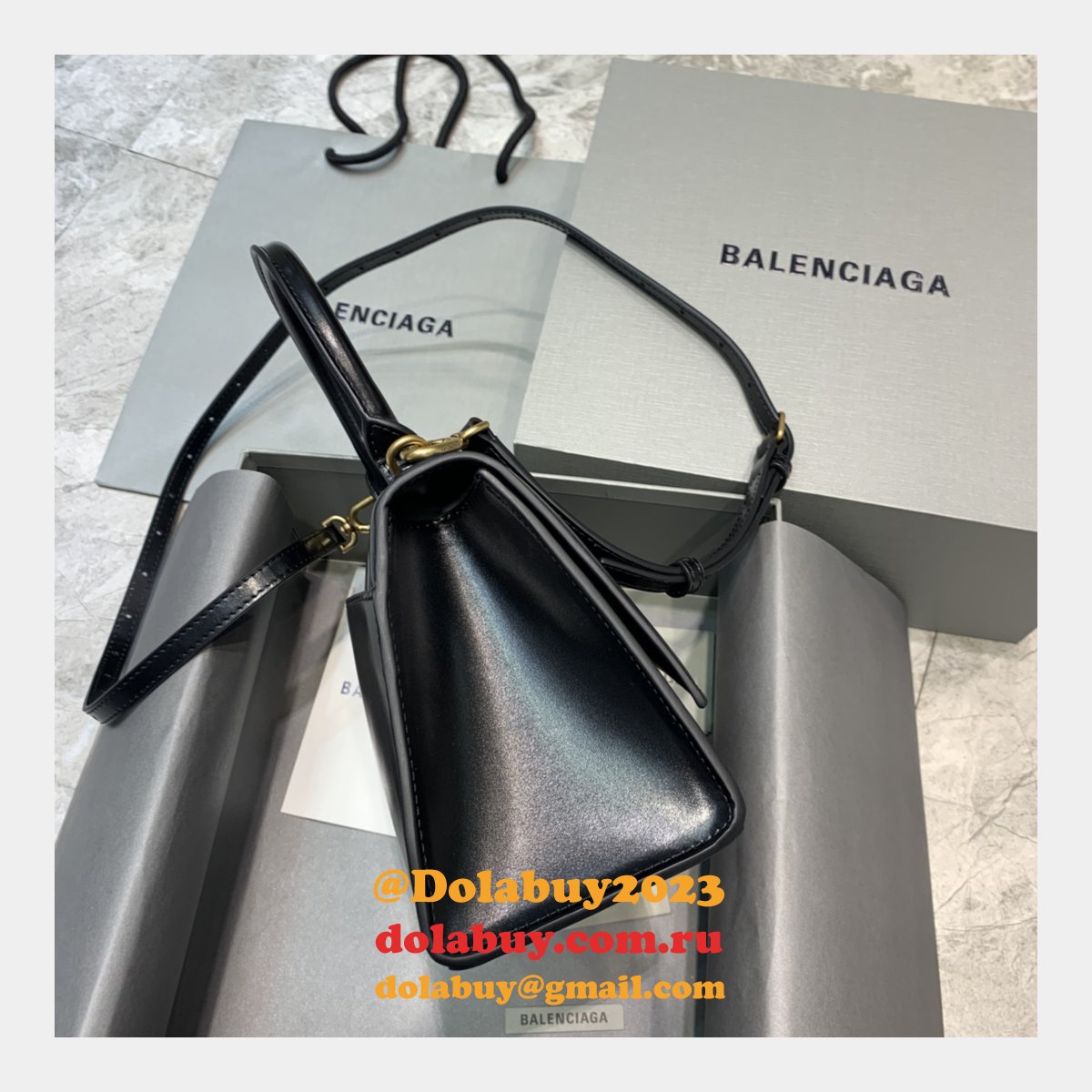 Cheap Balenciaga Hourglass Croc-Embossed Leather Top Handle Bag Plain black