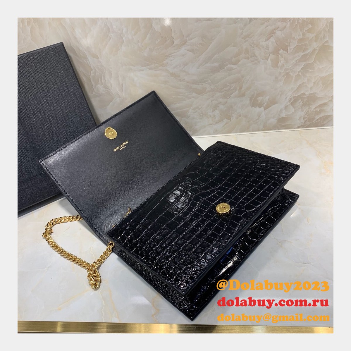 Replicas YSL Monogram chain wallet black 19cm grain de poudre