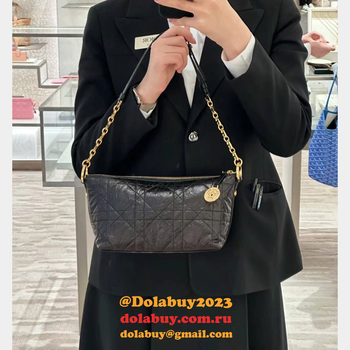 Christian Dior Perfect Fake 3106 Diorstar Hobo Chain Black Macrocannage Crinkled